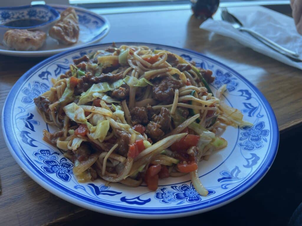 pork stir fried hand pulled noodles from Kung Fu Noodle in Kettering, Ohio
