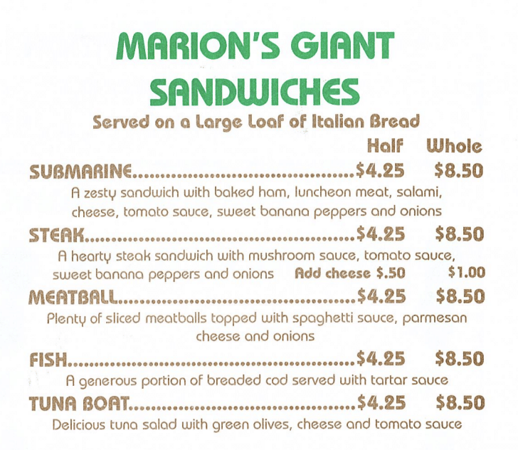 Marion's Piazza giant sandwiches menu prices