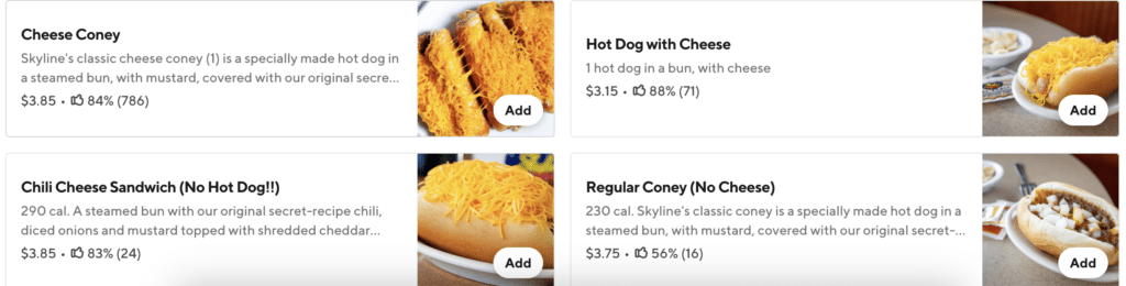 Cheese coney pricing at Skyline Chili in Dayton