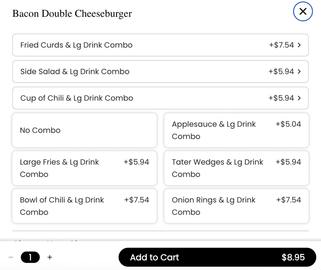 bacon double cheeseburger in the Young's Dairy online ordering system with optional add-ons