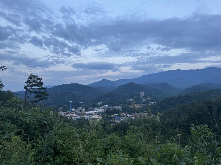 Gatlinburg Scenic Overlook after sunset, looking down over Downtown Gatlinburg
