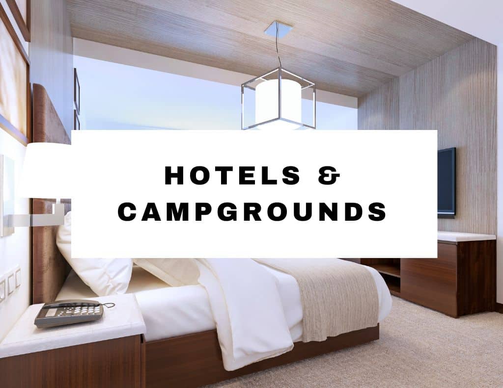 Hotels & Campground title image with a hotel bed in the background