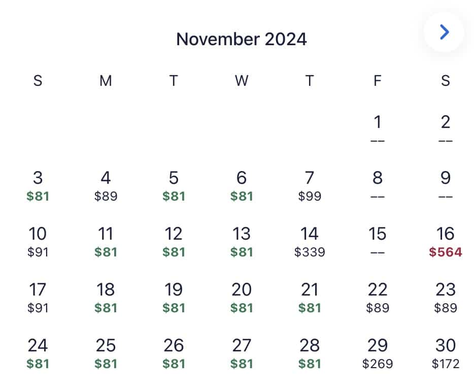 November 2024 calendar with cheap room dates