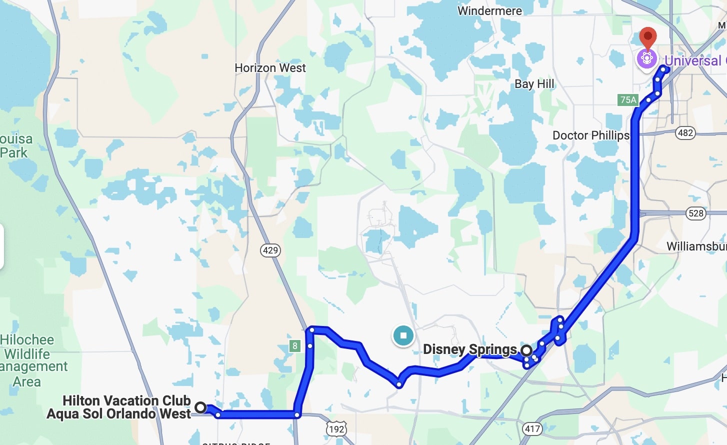 Google Maps graphic showing distance of Aqua Sol from Disney and Universal