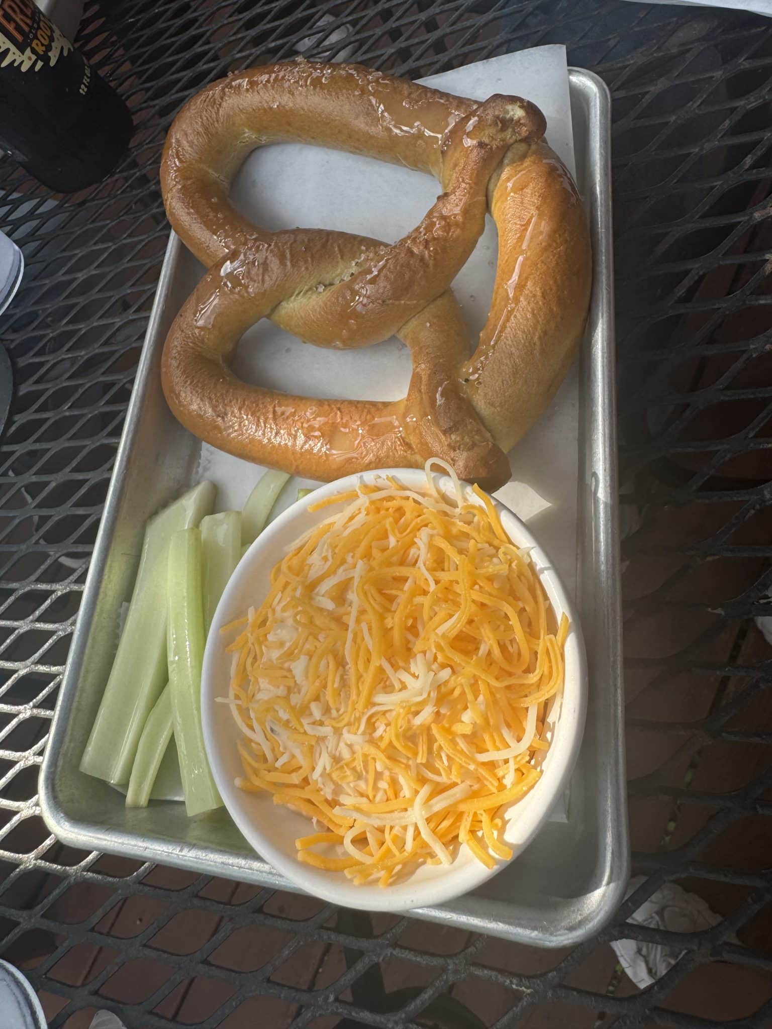 beer cheese pretzel with celery