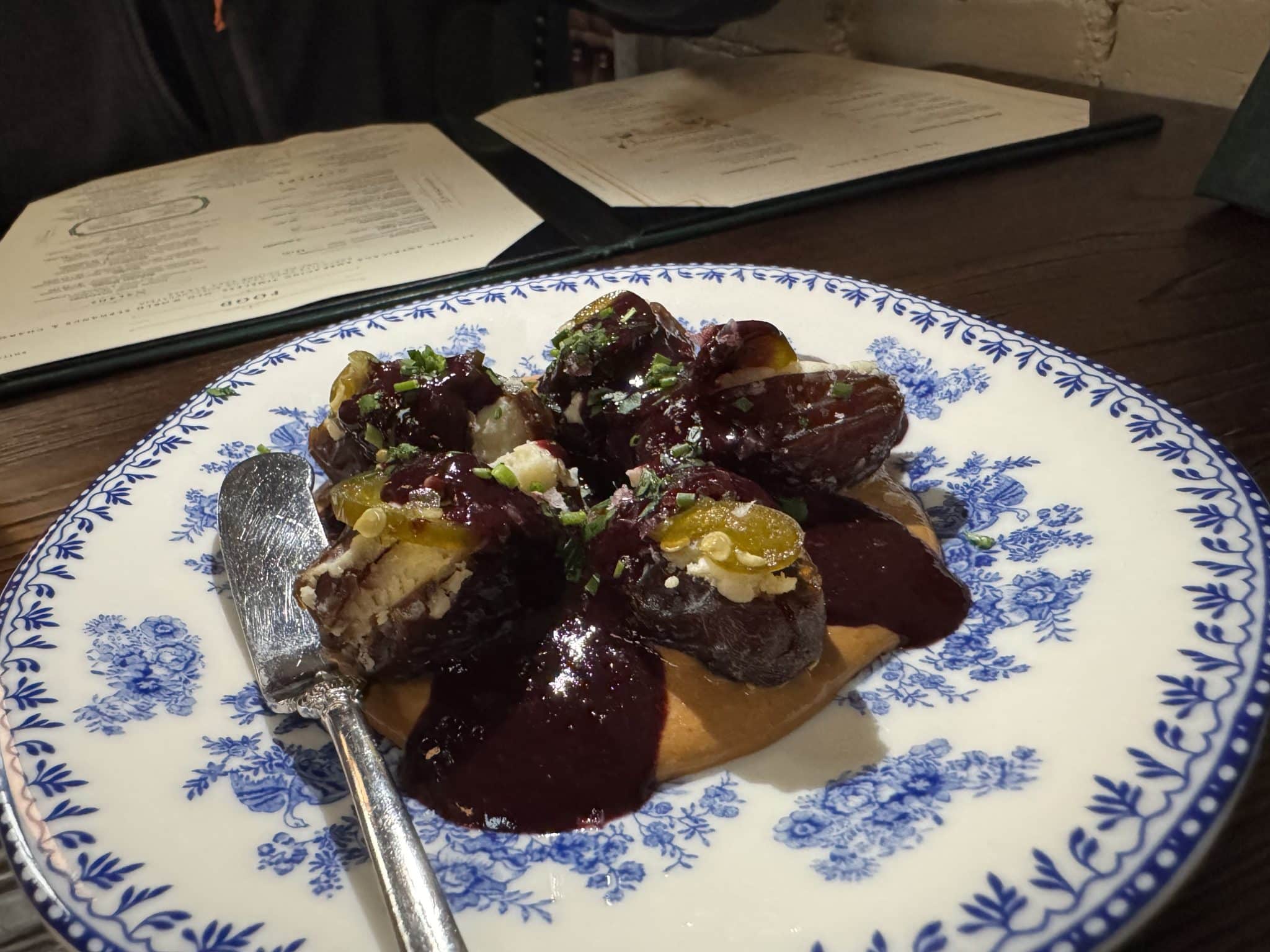 medjool dates from Scholar in Grand Rapids - goat cheese stuffing, cashew nut butter, huckle-blackberry jam, candied jalapenos