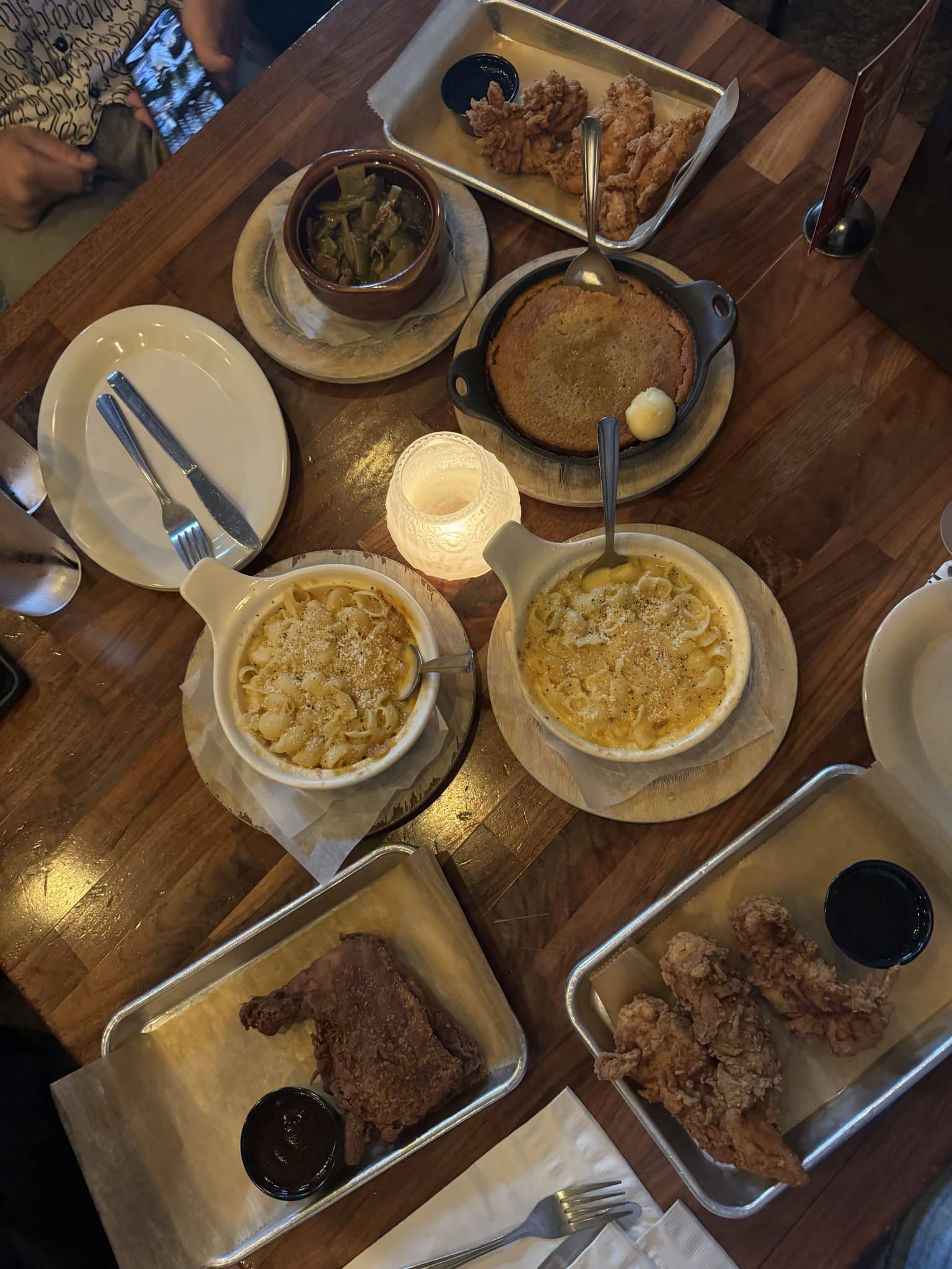 fried chicken, cornbread, mac n cheese from Merle's Whiskey Kitchen
