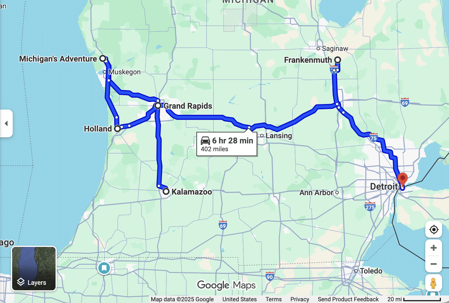 Google Map between Kalamazoo, Michigan's Adventure, Holland, Grand Rapids, Frankenmuth, and Windsor