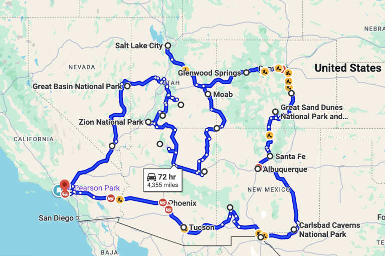 Google Maps route of a month long road trip around Arizona, New Mexico, Colorado, and Utah