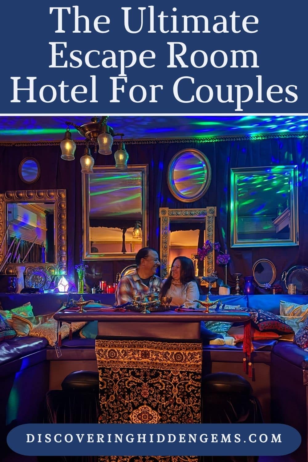 pinterest pin with the text "The Ultimate Escape Room Hotel For Couples" and an image of us on the couch with strobe lights